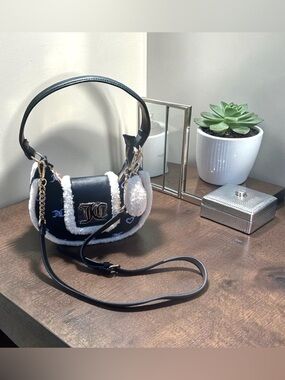 Juicy Couture Snuggle Hobo Satchel Crossbody Handbag Winter Black Sherpa Fluffy